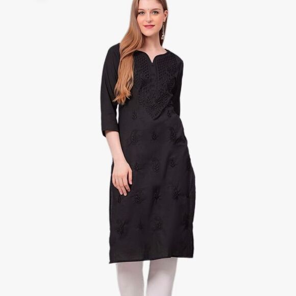 JAI GOVINDAM Indian Hand Embroidered Kurti-Chikankari Cotton Long Kurti's Tunic - Picture 1 of 10